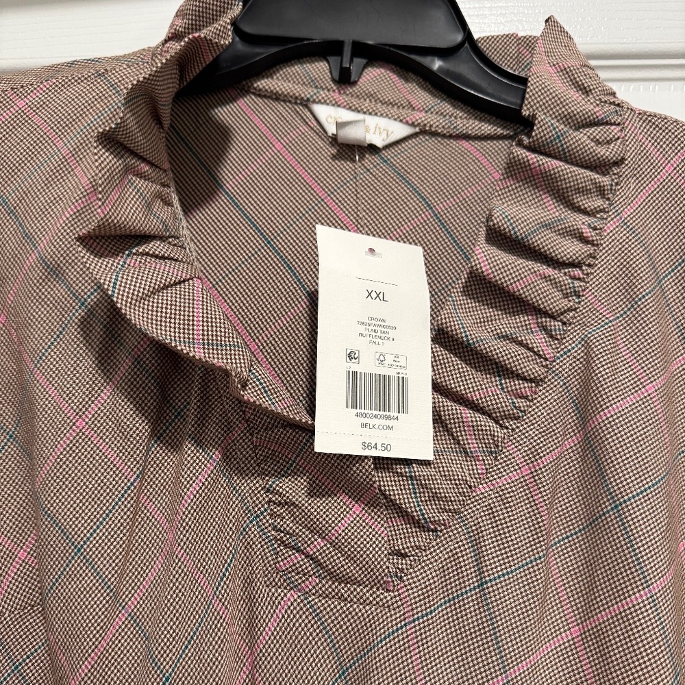 crown & ivy Pink and Blue Plaid Ruffle V-Neck Blouse